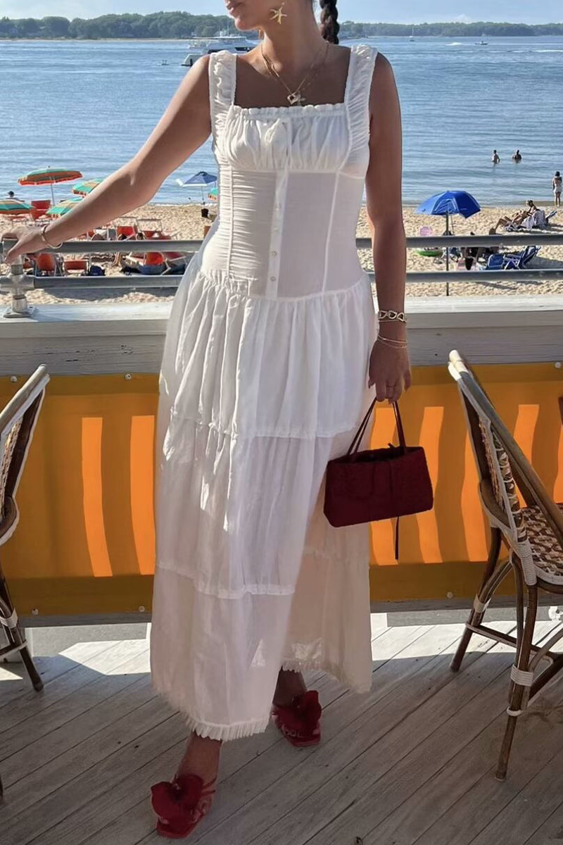 Sexy Urlaub Solide Schnalle Falten Quadrat Kragen Taille Rock Kleider 