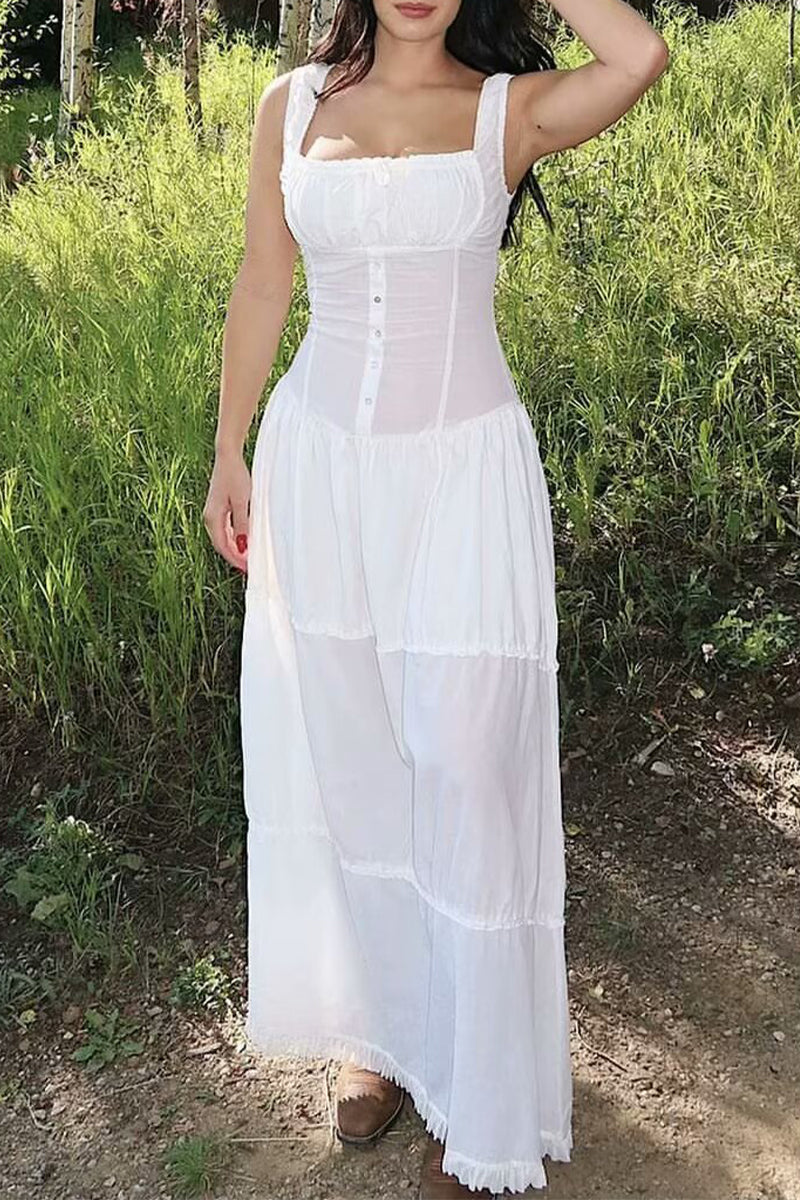 Sexy Urlaub Solide Schnalle Falten Quadrat Kragen Taille Rock Kleider 