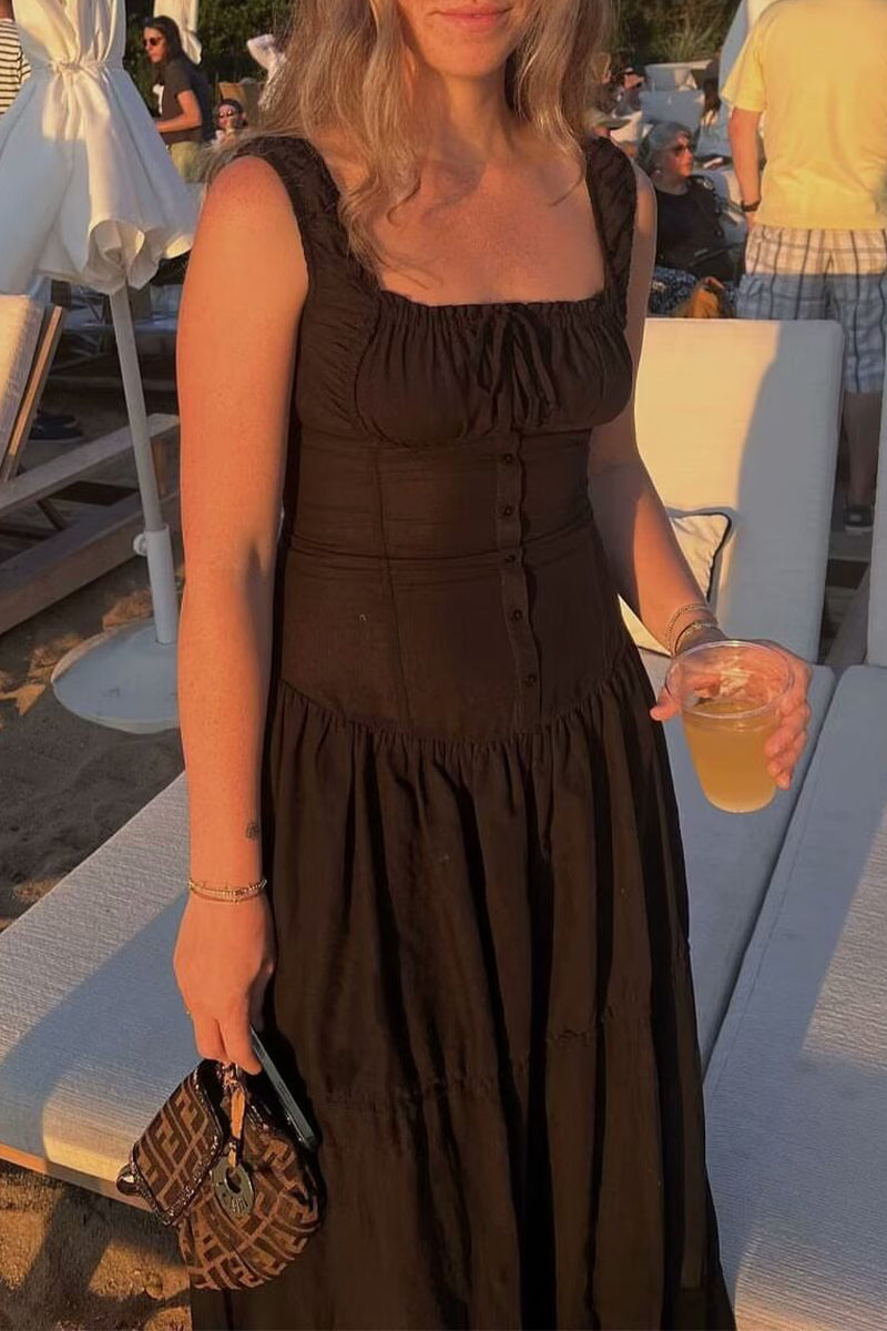 Sexy Urlaub Solide Schnalle Falten Quadrat Kragen Taille Rock Kleider 