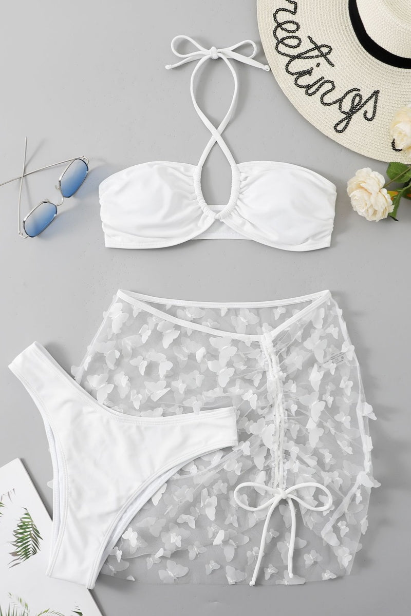Maillot de bain sexy à bandes solides, transparent, dos nu, ensemble trois pièces (avec rembourrage) 