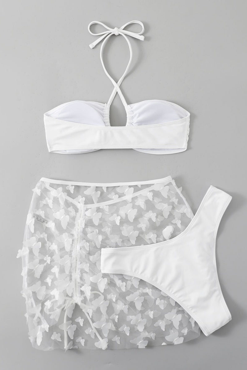 Maillot de bain sexy à bandes solides, transparent, dos nu, ensemble trois pièces (avec rembourrage) 