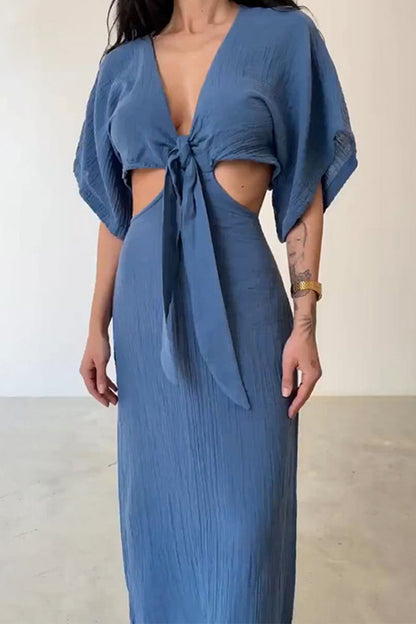 Sexy, einfarbiges, ausgehöhltes Frenulum, V-Ausschnitt, One-Step-Rock-Kleid (3 Farben) 