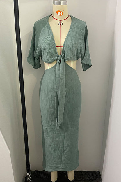 Sexy, einfarbiges, ausgehöhltes Frenulum, V-Ausschnitt, One-Step-Rock-Kleid (3 Farben) 