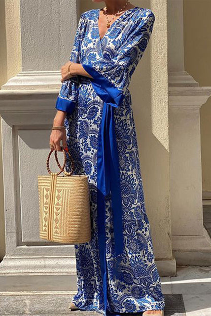 Robes imprimées bohème vintage à bandes florales et col en V 