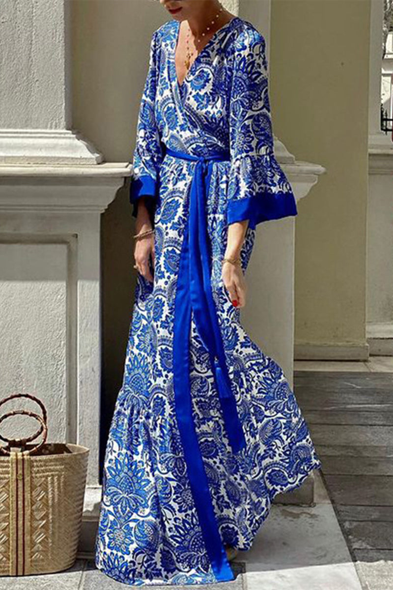 Robes imprimées bohème vintage à bandes florales et col en V 