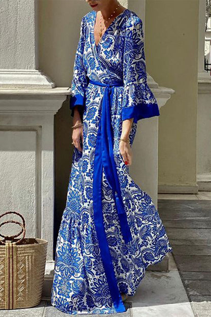 Robes imprimées bohème vintage à bandes florales et col en V 