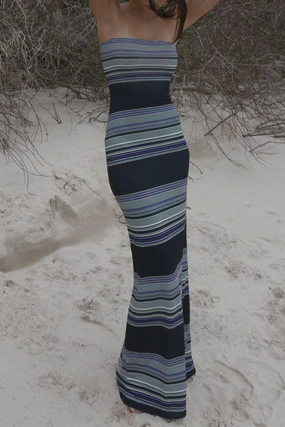 Sexy Urlaubskleid mit Streifenmuster und trägerlosem One-Step-Rock 