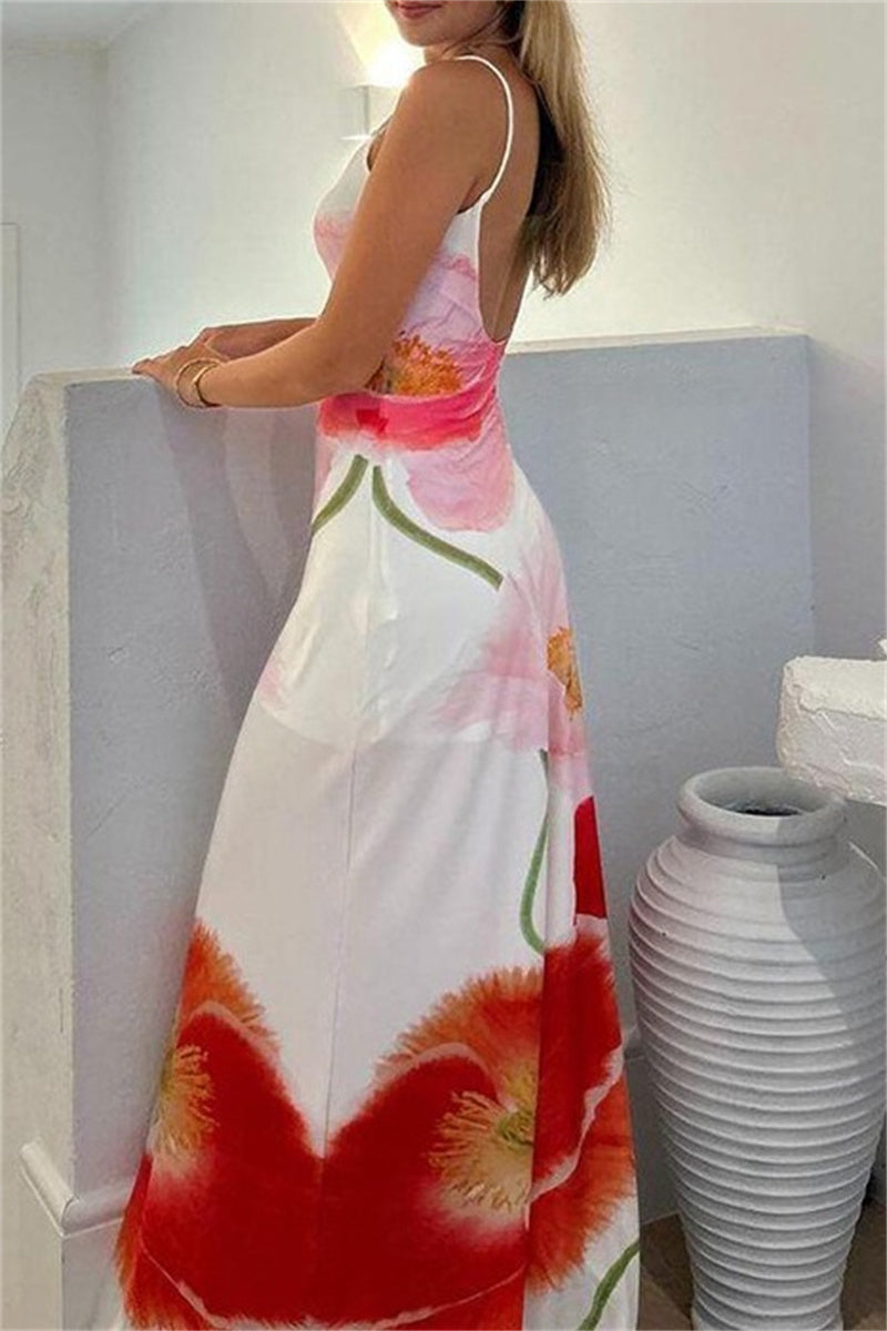 Sexy Casual Print Rückenfreie Spaghettiträger Lange Kleider 