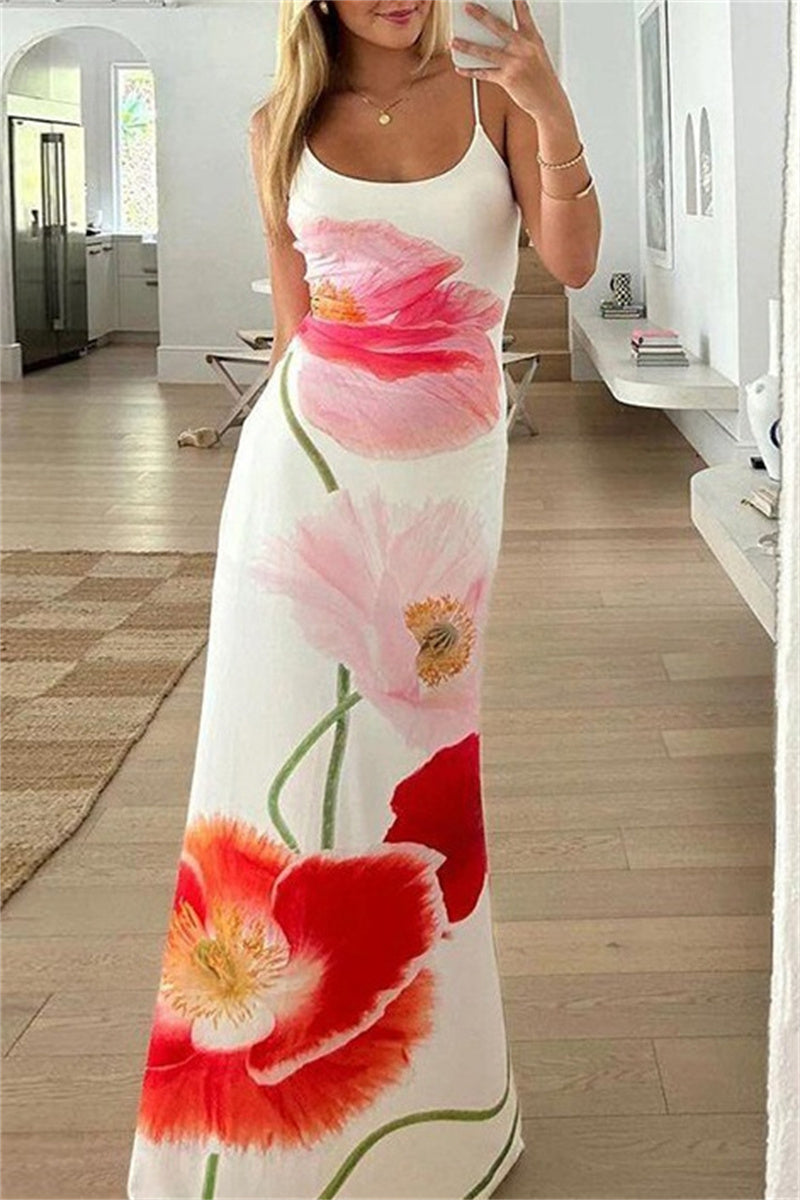 Sexy Casual Print Rückenfreie Spaghettiträger Lange Kleider 