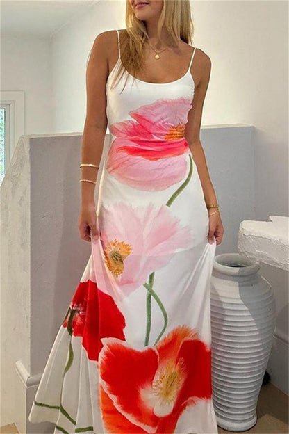 Sexy Casual Print Rückenfreie Spaghettiträger Lange Kleider 