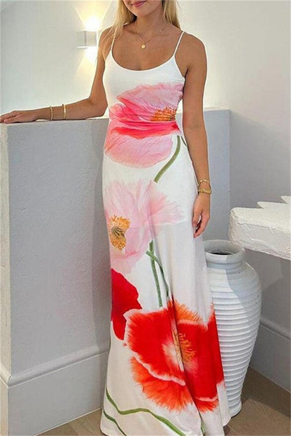 Sexy Casual Print Rückenfreie Spaghettiträger Lange Kleider 