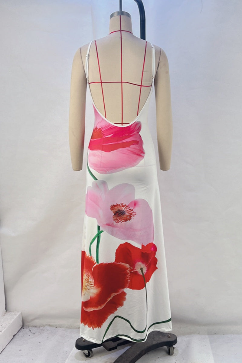 Sexy Casual Print Rückenfreie Spaghettiträger Lange Kleider 