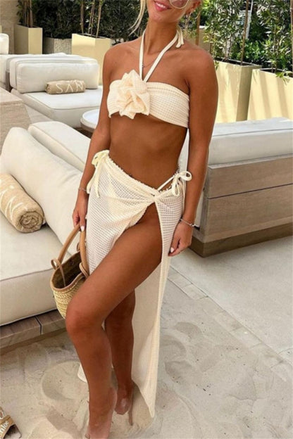 Sexy Dreiteiliges Set mit einfarbigem Bandage-Ausschnitt, rückenfrei, Schlitz, Neckholder, ärmellos 