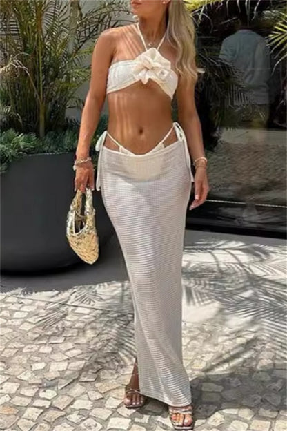 Sexy Dreiteiliges Set mit einfarbigem Bandage-Ausschnitt, rückenfrei, Schlitz, Neckholder, ärmellos 