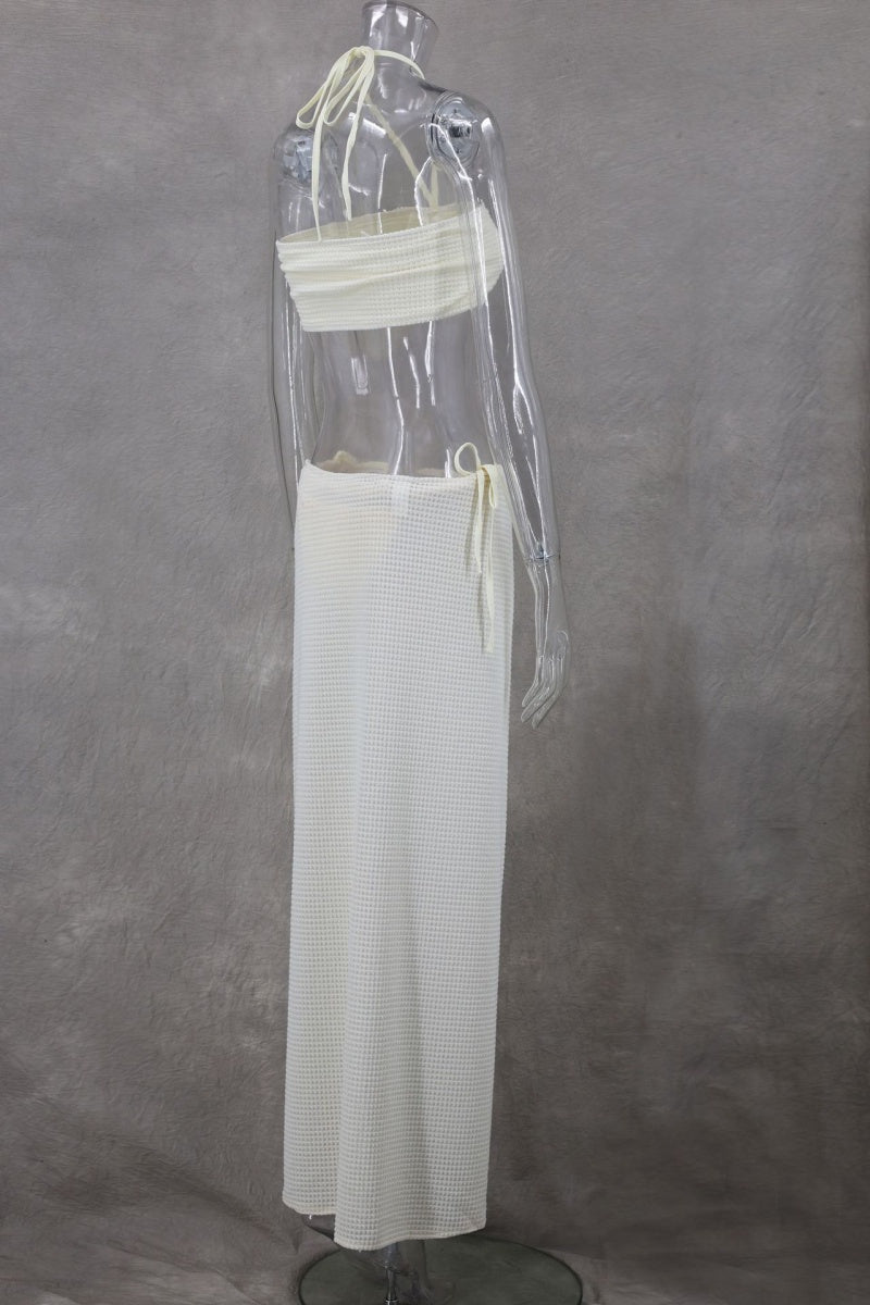 Sexy Dreiteiliges Set mit einfarbigem Bandage-Ausschnitt, rückenfrei, Schlitz, Neckholder, ärmellos 