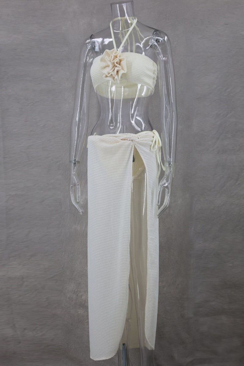 Sexy Dreiteiliges Set mit einfarbigem Bandage-Ausschnitt, rückenfrei, Schlitz, Neckholder, ärmellos 