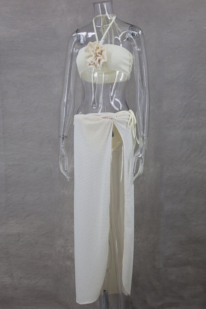 Sexy Dreiteiliges Set mit einfarbigem Bandage-Ausschnitt, rückenfrei, Schlitz, Neckholder, ärmellos 