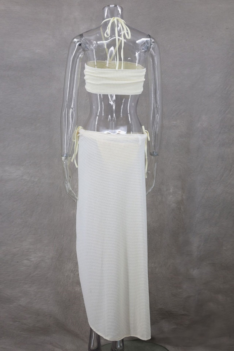 Sexy Dreiteiliges Set mit einfarbigem Bandage-Ausschnitt, rückenfrei, Schlitz, Neckholder, ärmellos 