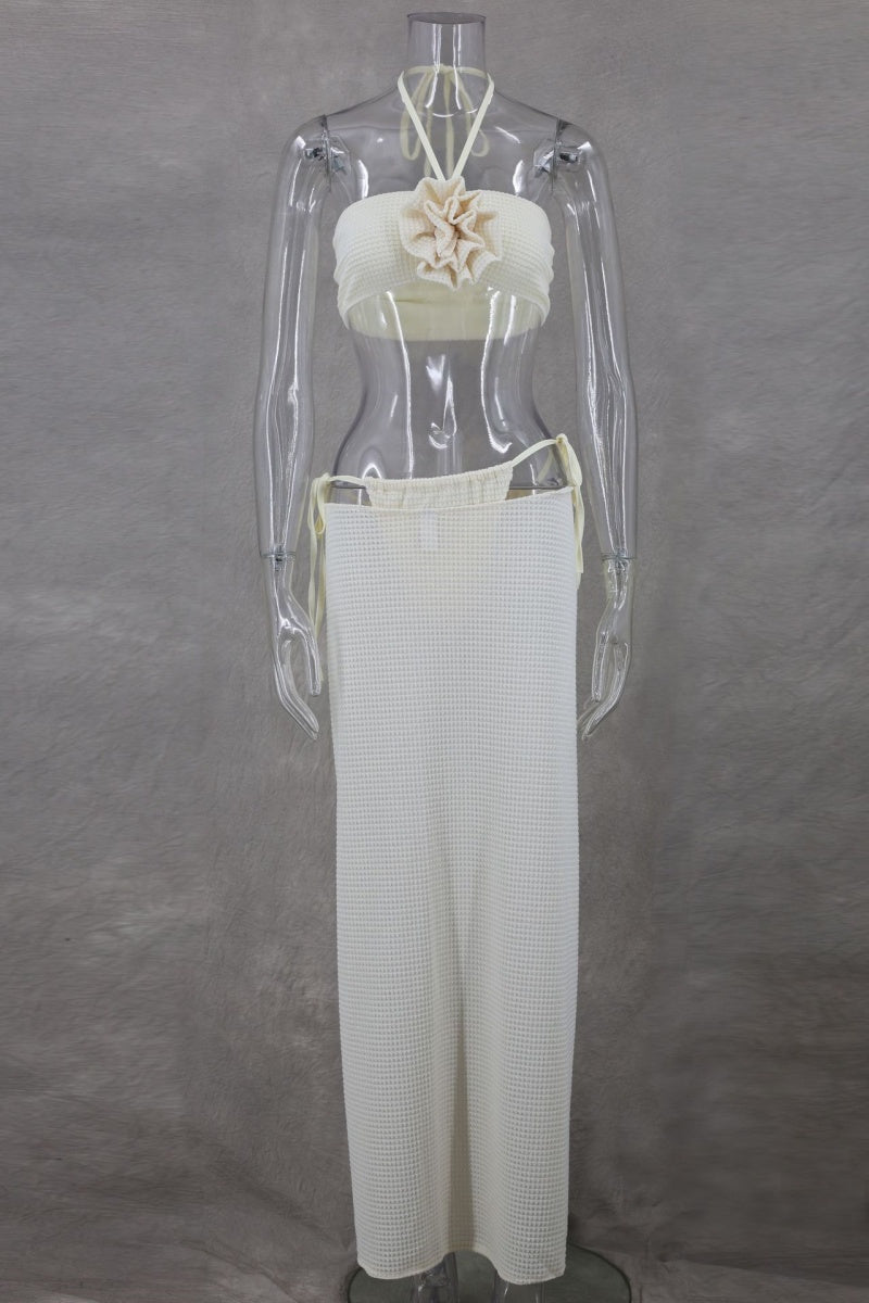 Sexy Dreiteiliges Set mit einfarbigem Bandage-Ausschnitt, rückenfrei, Schlitz, Neckholder, ärmellos 