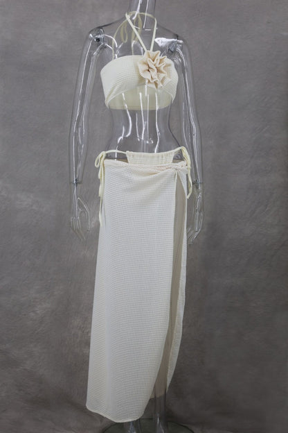 Sexy Dreiteiliges Set mit einfarbigem Bandage-Ausschnitt, rückenfrei, Schlitz, Neckholder, ärmellos 