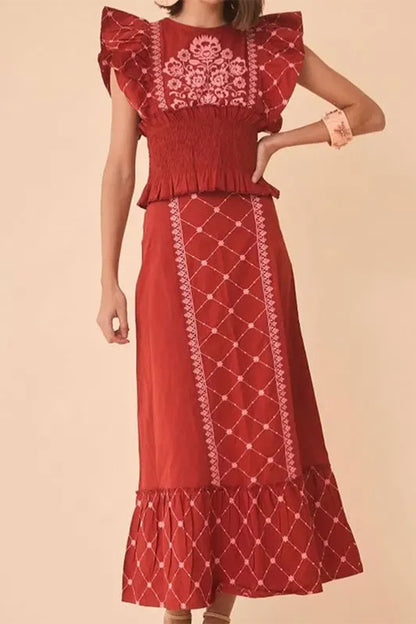Eleganter zweiteiliger Volant mit Rundhalsausschnitt und geometrischem Druck (3 Farben) 