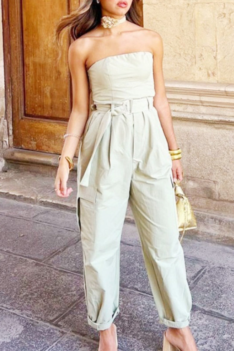 Sexy Street Einfarbige, trägerlose Jumpsuits mit Taschen in normaler Länge 