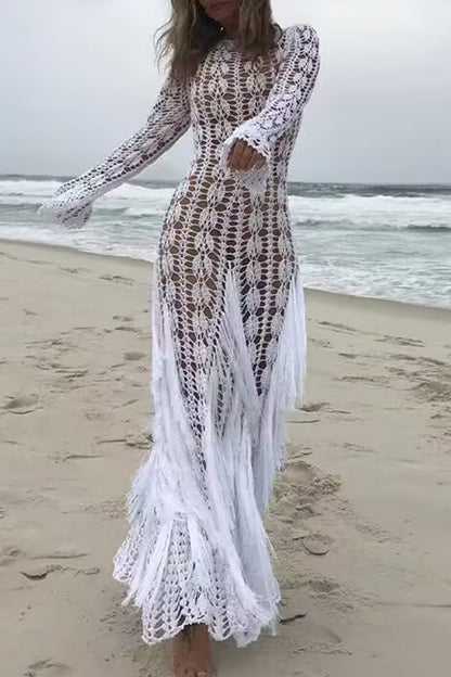 Robes jupe une étape sexy à col rond et pompon ajouré de couleur unie 