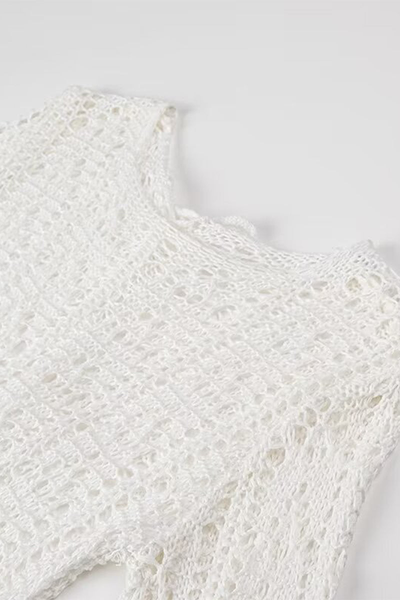 Robes jupe une étape sexy à col rond et pompon ajouré de couleur unie 