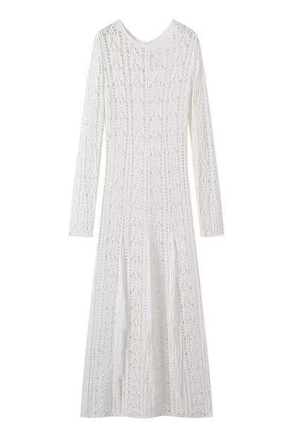 Robes jupe une étape sexy à col rond et pompon ajouré de couleur unie 