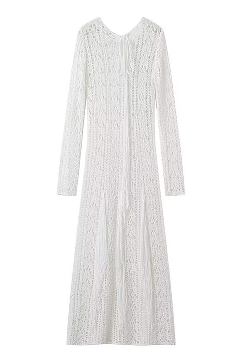 Robes jupe une étape sexy à col rond et pompon ajouré de couleur unie 