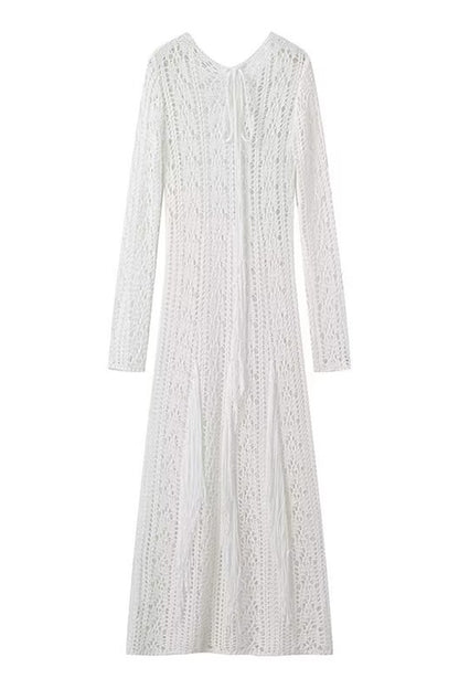 Robes jupe une étape sexy à col rond et pompon ajouré de couleur unie 