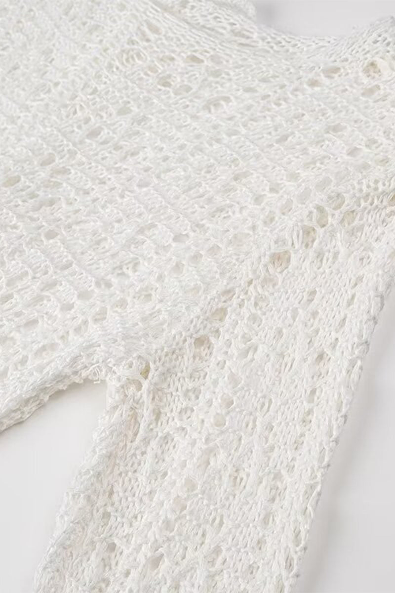 Robes jupe une étape sexy à col rond et pompon ajouré de couleur unie 