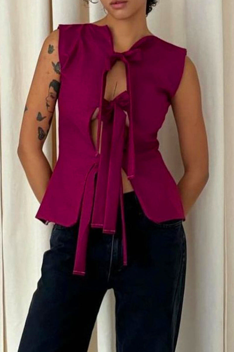 Hauts sexy à lacets et col en V de couleur unie 