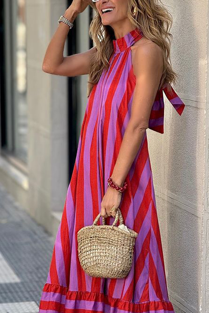 Robes décontractées sans manches à lacets et imprimé rayé dos nu contrasté 