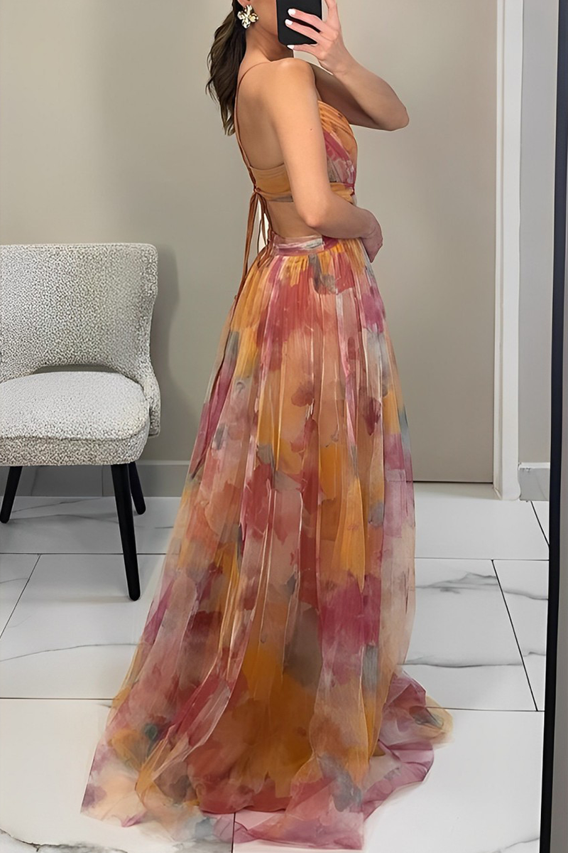 Sexy rückenfreies, langes Kleid mit Farbverlauf-Print und V-Ausschnitt in Kontrastfarbe 