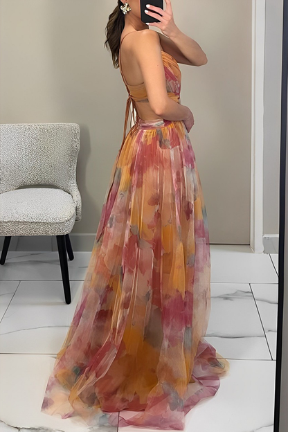 Sexy rückenfreies, langes Kleid mit Farbverlauf-Print und V-Ausschnitt in Kontrastfarbe 