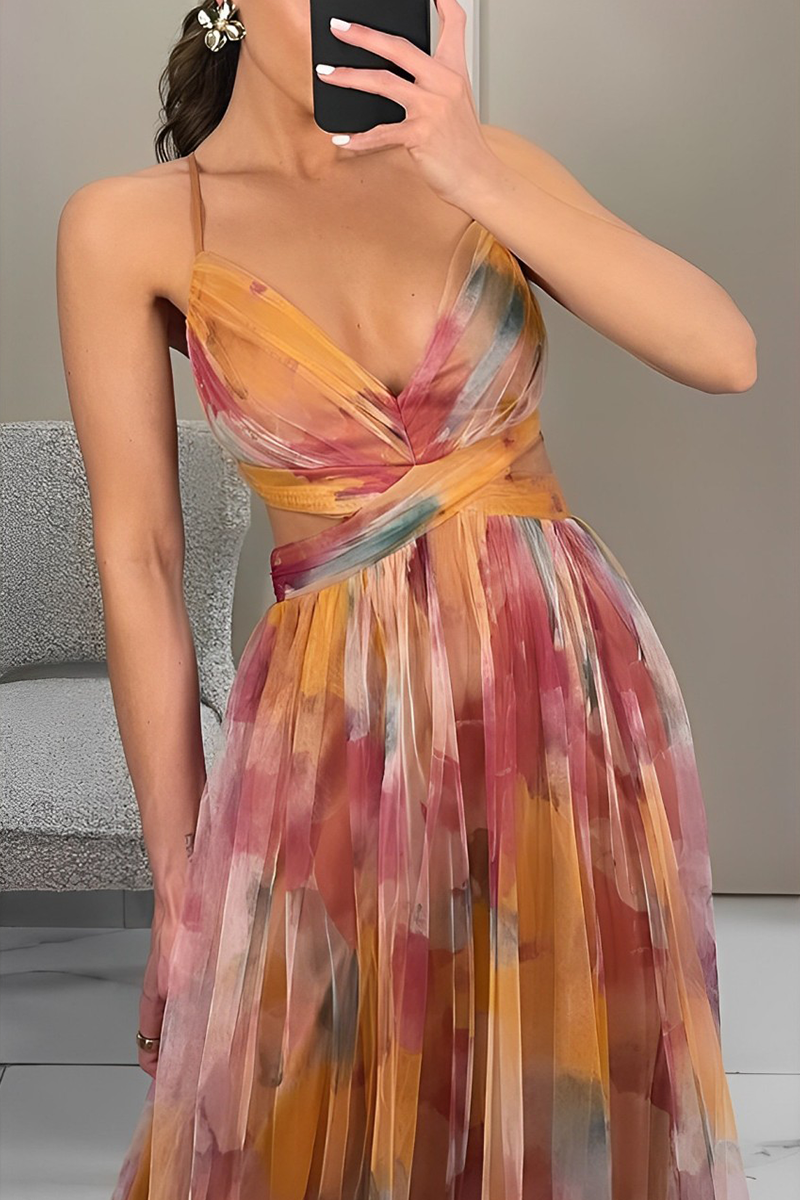 Sexy rückenfreies, langes Kleid mit Farbverlauf-Print und V-Ausschnitt in Kontrastfarbe 