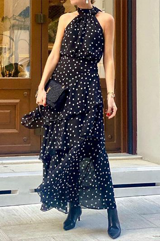 Street Daily Polka Dot Rüschen Reißverschluss Neckholder Ärmellose Kleider 