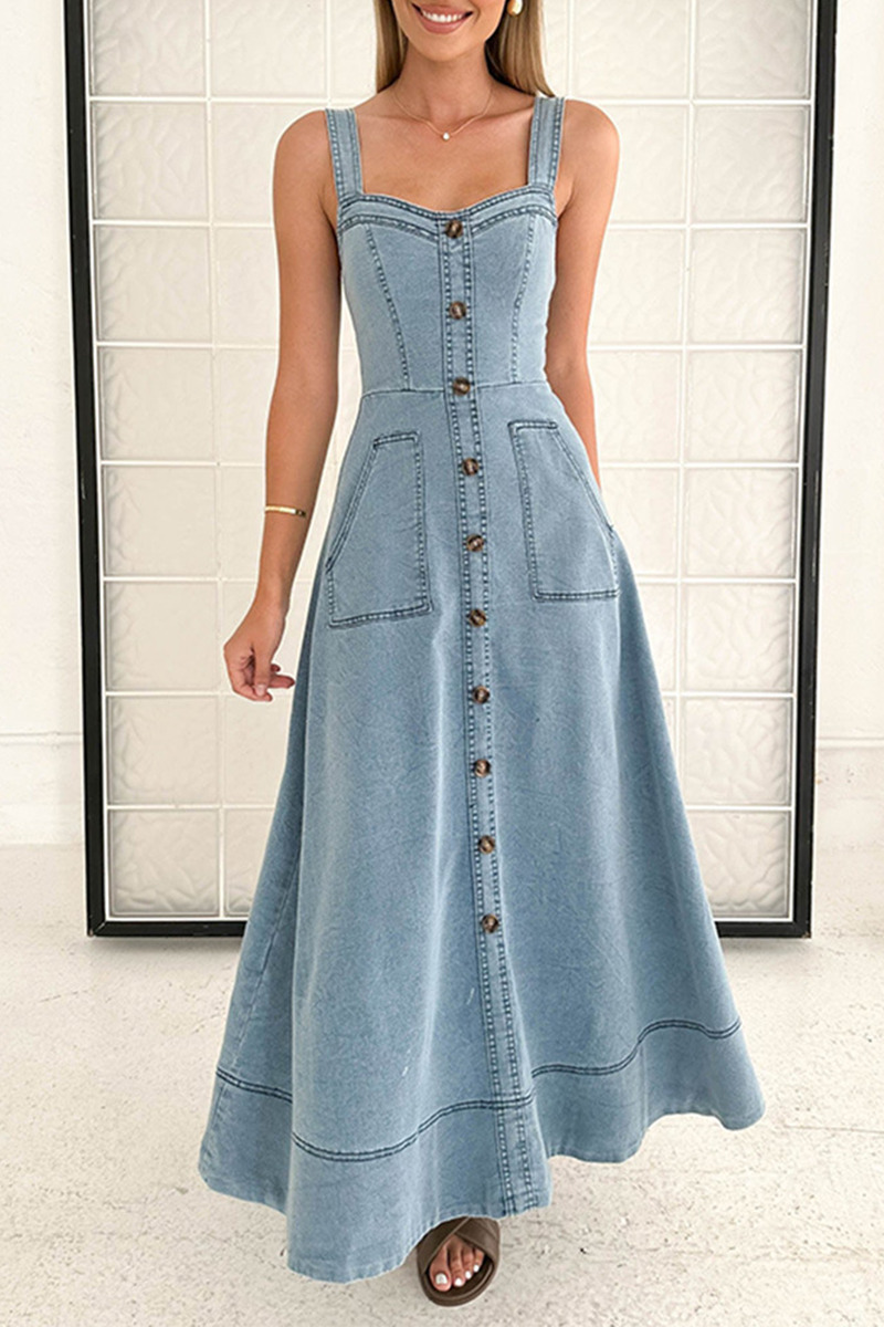 Robes en jean sans manches, couleur unie, poches, boutons, fermeture éclair, col en V 