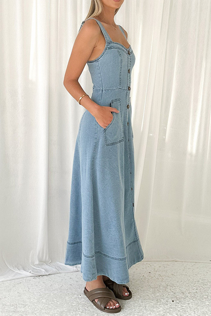Robes en jean sans manches, couleur unie, poches, boutons, fermeture éclair, col en V 