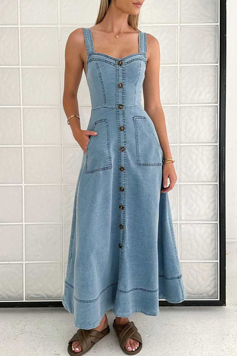 Robes en jean sans manches, couleur unie, poches, boutons, fermeture éclair, col en V 