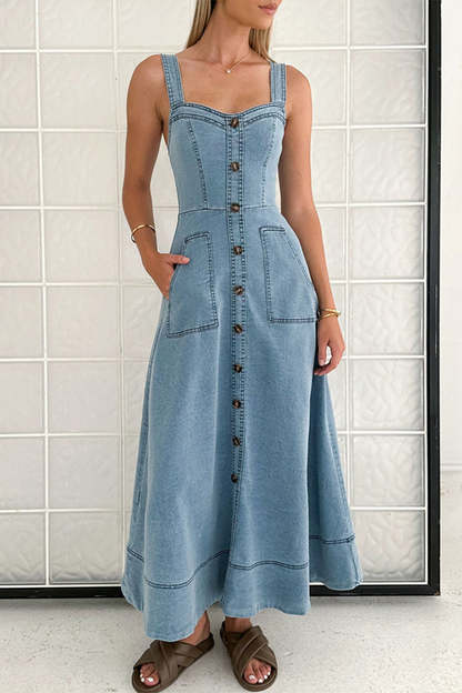 Robes en jean sans manches, couleur unie, poches, boutons, fermeture éclair, col en V 