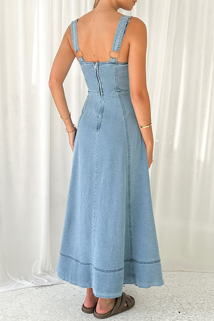 Robes en jean sans manches, couleur unie, poches, boutons, fermeture éclair, col en V 