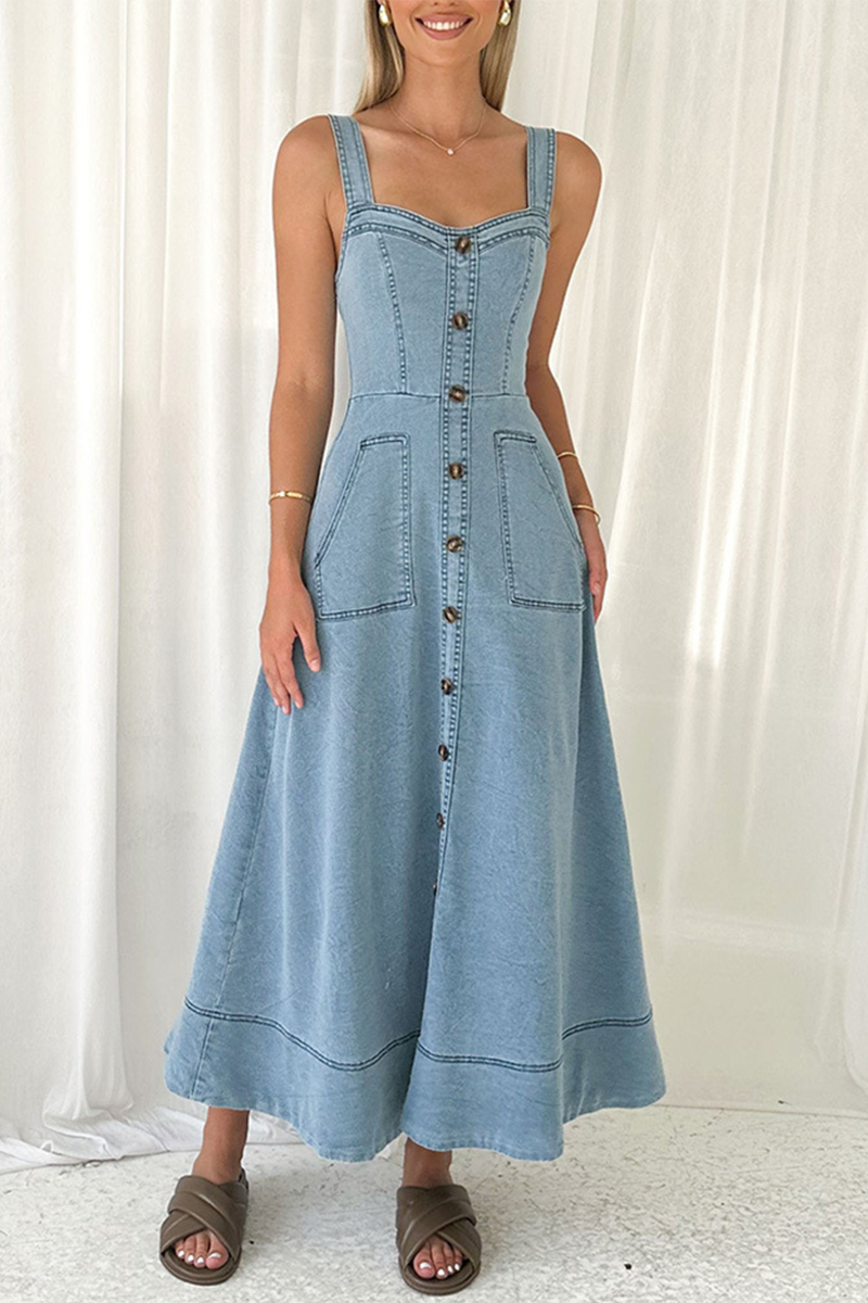 Robes en jean sans manches, couleur unie, poches, boutons, fermeture éclair, col en V 
