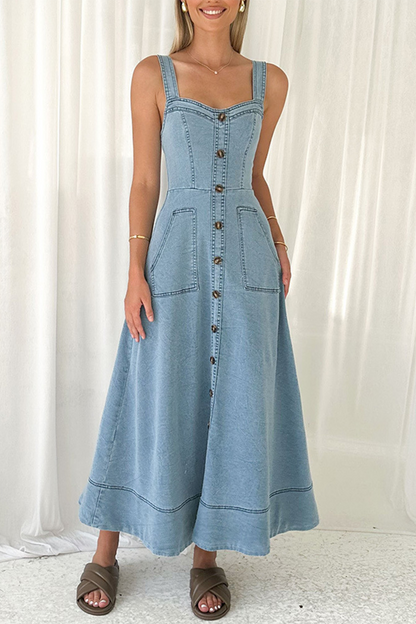 Robes en jean sans manches, couleur unie, poches, boutons, fermeture éclair, col en V 