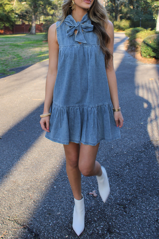 Robes en Denim amples sans manches, couleur unie, à lacets, à volants, décor de nœud, rue décontractée 