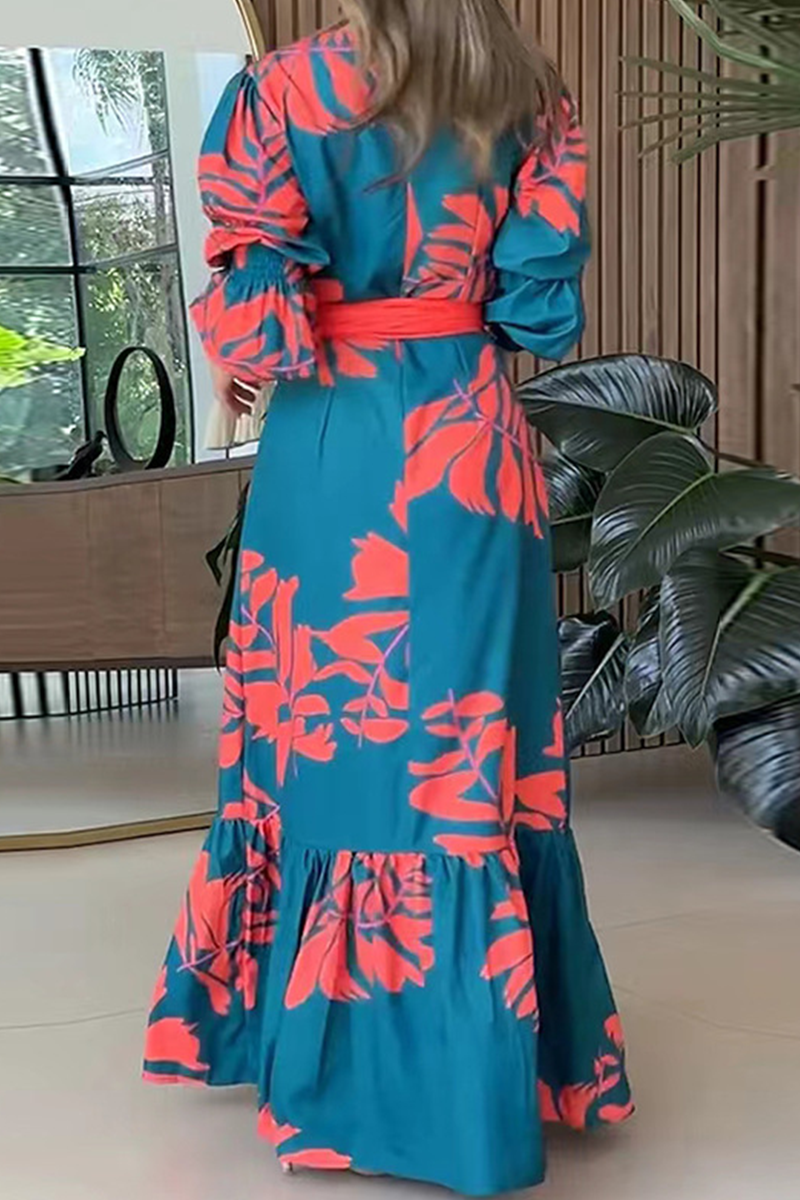 Robes imprimées décontractées à lacets et à volants à imprimé floral et col en V 