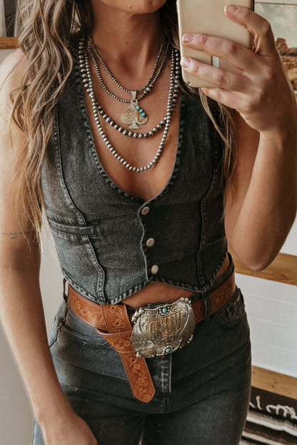 Sexy, heiße, ärmellose Jeansjacke mit V-Ausschnitt und Used-Look-Schnalle (3 Farben) 