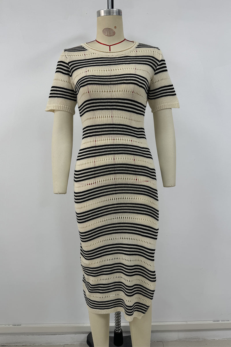Sexy Stripe Slit Weave Contrast O Neck Short Sleeve Short Sleeve Dress