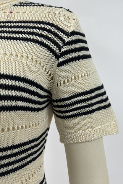 Sexy Stripe Slit Weave Contrast O Neck Short Sleeve Short Sleeve Dress